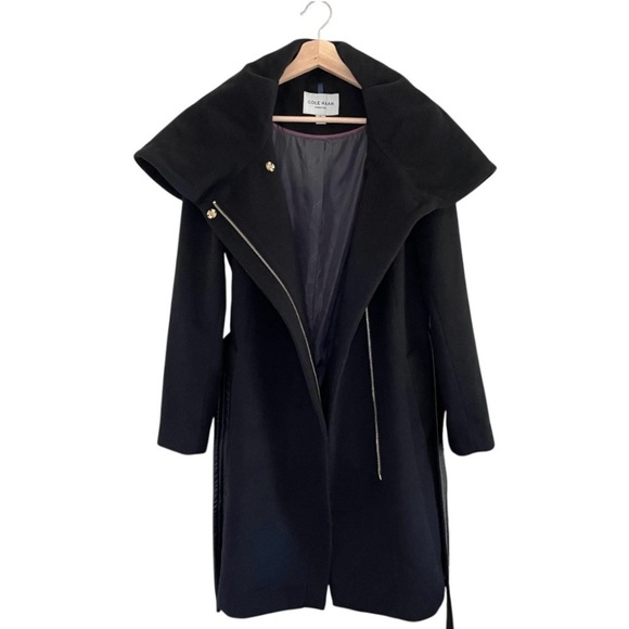 Cole Haan Wool Blend Hooded Coat Oversized Collar Removable Belt Black 6 - Picture 7 of 15